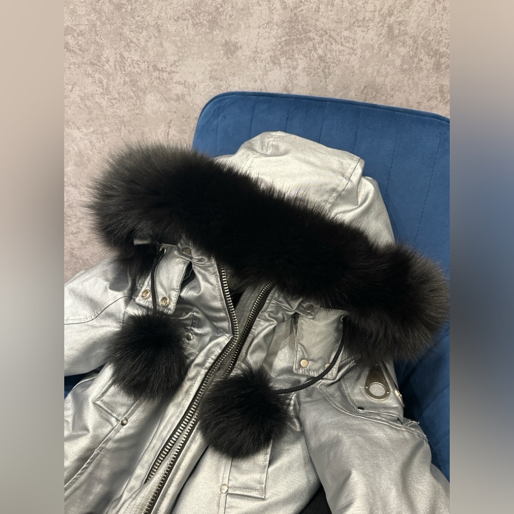 Moose Knuckles Silver Women's Bomber Jacket with Black Fur Accents Size XS